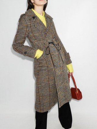 Victoria Beckham checked double-breasted coat / brown wool mix trench style coats - flipped