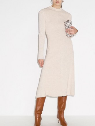 Victoria Beckham crew-neck knitted midi dress | chic knitwear | elegant knits | beige long sleeve dresses - flipped