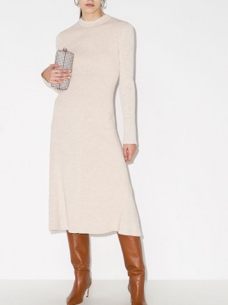 Victoria Beckham crew-neck knitted midi dress | chic knitwear | elegant knits | beige long sleeve dresses