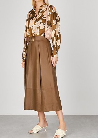 VINCE Brown belted leather midi skirt ~ luxe skirts - flipped