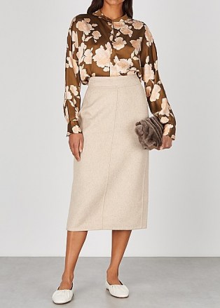 VINCE Oatmeal wool-blend midi skirt ~ neutral slim skirts - flipped