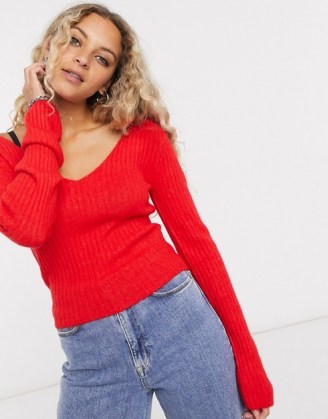 Weekday Paolina v-neck knitted top in red | bright jumpers