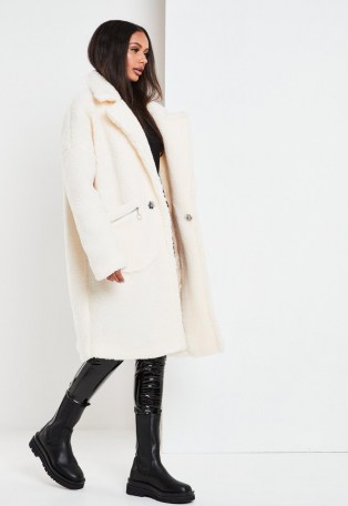 MISSGUIDED white borg teddy zip pocket coat / textured winter coats - flipped