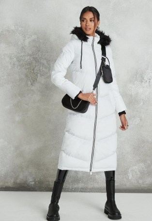 MISSGUIDED white chevron quilted maxi padded coat ~ hooded longline winter coats ~ faux fur hoods - flipped