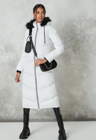 MISSGUIDED white chevron quilted maxi padded coat ~ hooded longline winter coats ~ faux fur hoods