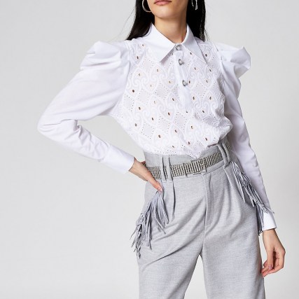 RIVER ISLAND White crochet puff sleeve shirt bodysuit | victorian style bodysuits | shirts | fashion - flipped