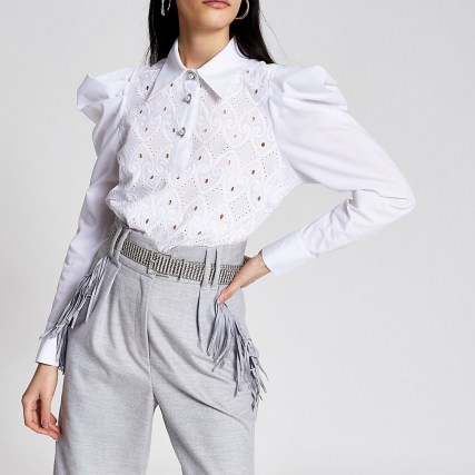 RIVER ISLAND White crochet puff sleeve shirt bodysuit | victorian style bodysuits | shirts | fashion