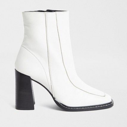 RIVER ISLAND White square toe leather boots ~ block heel ankle boot - flipped
