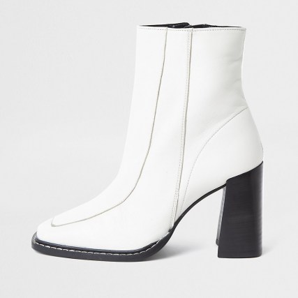 RIVER ISLAND White square toe leather boots ~ block heel ankle boot