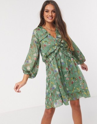 Y.A.S Petite mini skater dress with ruffle detail in green floral / frill trimmed dresses - flipped