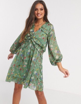 Y.A.S Petite mini skater dress with ruffle detail in green floral / frill trimmed dresses