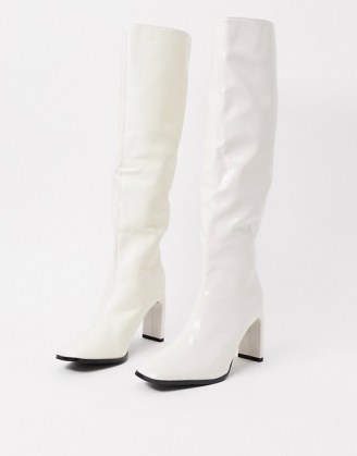 Z_Code_Z Amari vegan square toe knee boots in white ~ slim block heels ~ squared off toes - flipped