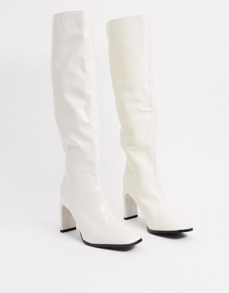 Z_Code_Z Amari vegan square toe knee boots in white ~ slim block heels ~ squared off toes