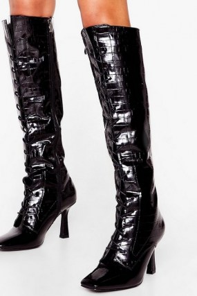 NASTY GAL A Little Tied Up Croc Knee High Boots