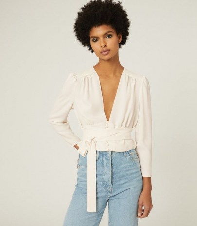 REISS ALENA PLUNGE BUTTON DETAIL BLOUSE IVORY - flipped