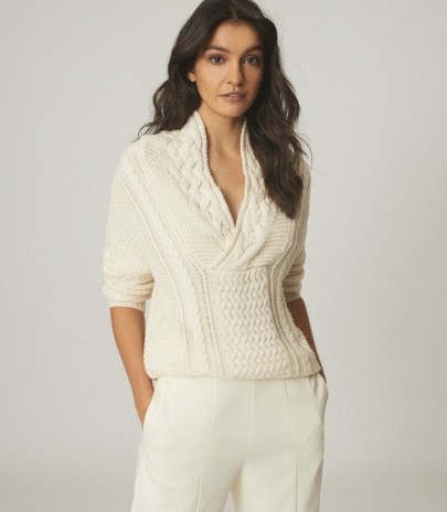 REISS ALI CABLE KNIT JUMPER CREAM / neutral shawl neckline jumpers - flipped