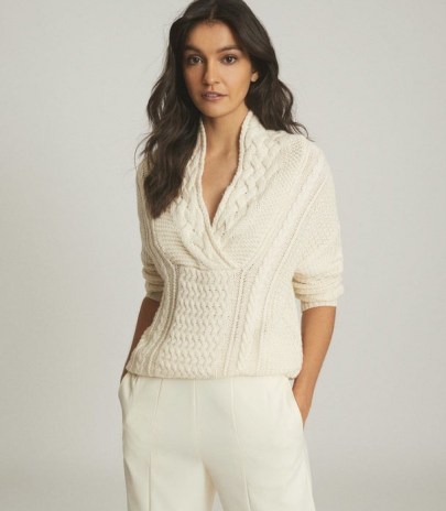 REISS ALI CABLE KNIT JUMPER CREAM / neutral shawl neckline jumpers