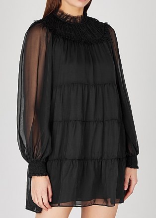 ALICE + OLIVIA Kellyann black tiered silk-chiffon mini dress – lbd – sheer sleeve evening dresses - flipped