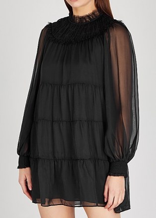 ALICE + OLIVIA Kellyann black tiered silk-chiffon mini dress – lbd – sheer sleeve evening dresses
