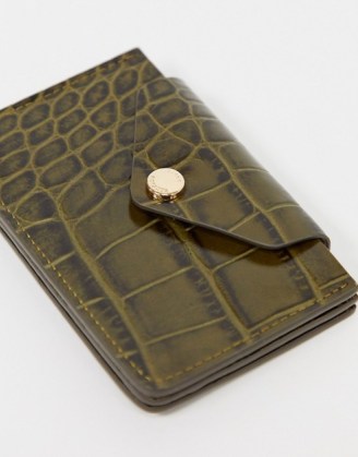 & Other Stories leather card holder in khaki croc ~ green card holders ~ crocodile effect accessories - flipped