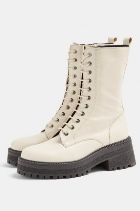 TOPSHOP AMY Ecru Chunky Calf Lace Up Leather Boots