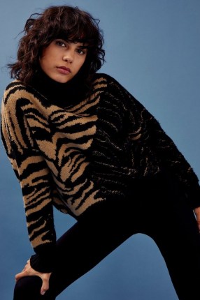 Topshop Animal Print Spliced Funnel Knitted Jumper | multi patterned jumpers | high neck sweater
