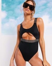 ASOS DESIGN diamanté strap cut out swimsuit in black / embellished swimwear