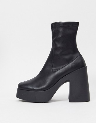 ASOS DESIGN Elsie high heeled sock boot in black pu ~ chunky platform boots - flipped