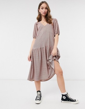 ASOS DESIGN midi smock dress with pep hem in red check print / checked drop waist dresses - flipped