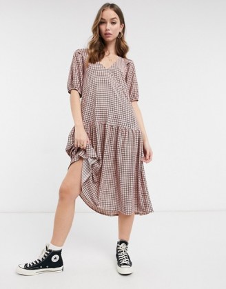 ASOS DESIGN midi smock dress with pep hem in red check print / checked drop waist dresses
