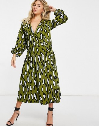 ASOS DESIGN oversized long sleeve midi smock with drop waist in khaki and black leopard ~ green animal print dresses