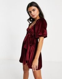 ASOS DESIGN Petite puff sleeve velvet wrap pleat mini dress in oxblood | dark red plunge front party dresses