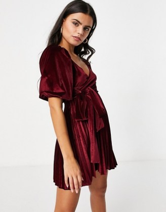 ASOS DESIGN Petite puff sleeve velvet wrap pleat mini dress in oxblood | dark red plunge front party dresses - flipped