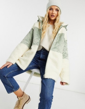 ASOS DESIGN quilted fleece puffer jacket in sage and cream ~ winter jackets