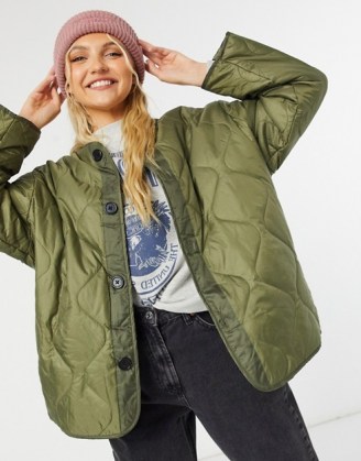 ASOS DESIGN quilted jacket with fleece lining in khaki ~ casual green jackets - flipped