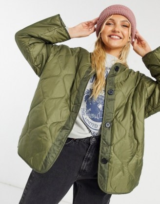 ASOS DESIGN quilted jacket with fleece lining in khaki ~ casual green jackets