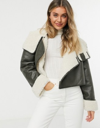 ASOS DESIGN shearling chuck on jacket in khaki ~ green faux leather borg lined jackets - flipped