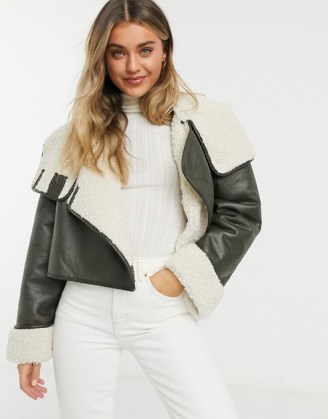 ASOS DESIGN shearling chuck on jacket in khaki ~ green faux leather borg lined jackets