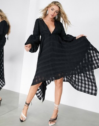 ASOS EDITION volume sleeve midi dress in pleated check ~ plunge front going out dresses - flipped