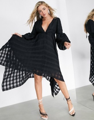 ASOS EDITION volume sleeve midi dress in pleated check ~ plunge front going out dresses