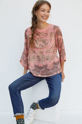 Ignacia Sequined Blouse in Peach at Anthropologie ~ sequin embellished blouses - flipped