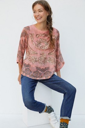 Ignacia Sequined Blouse in Peach at Anthropologie ~ sequin embellished blouses