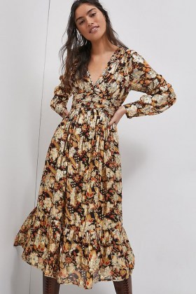 ANTHROPOLOGIE Willow Midi Dress ~ 70s style floral dresses ~ metallic details