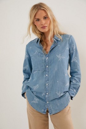 Pilcro Allyson Embroidered Chambray Shirt / blue floral lightweight denim shirts - flipped