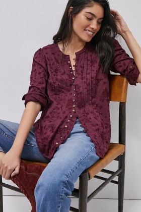 Pilcro Jolie Pintucked Blouse in Wine ~ floral embroidered blouses - flipped