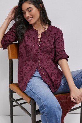 Pilcro Jolie Pintucked Blouse in Wine ~ floral embroidered blouses