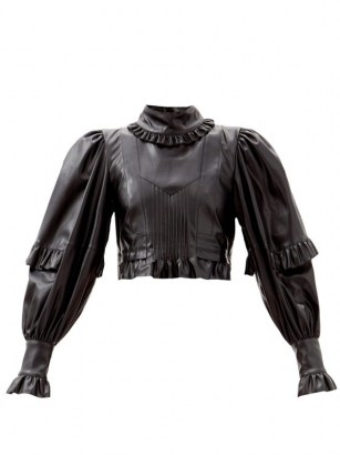 PACO RABANNE Balloon-sleeve ruffled faux-leather top ~ high neck volume sleeved crop tops - flipped