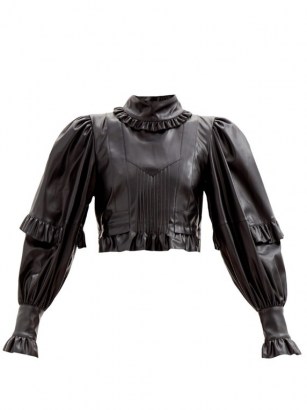 PACO RABANNE Balloon-sleeve ruffled faux-leather top ~ high neck volume sleeved crop tops