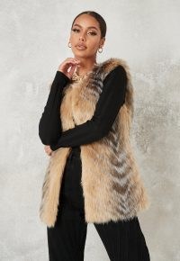 MISSGUIDED beige chevron tipped faux fur gilet – sleeveless fluffy winter jackets – luxe look gilets – casual glamour