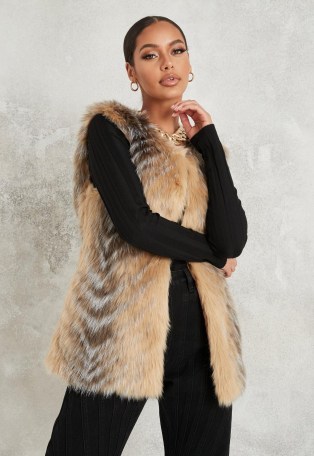 MISSGUIDED beige chevron tipped faux fur gilet – sleeveless fluffy winter jackets – luxe look gilets – casual glamour - flipped